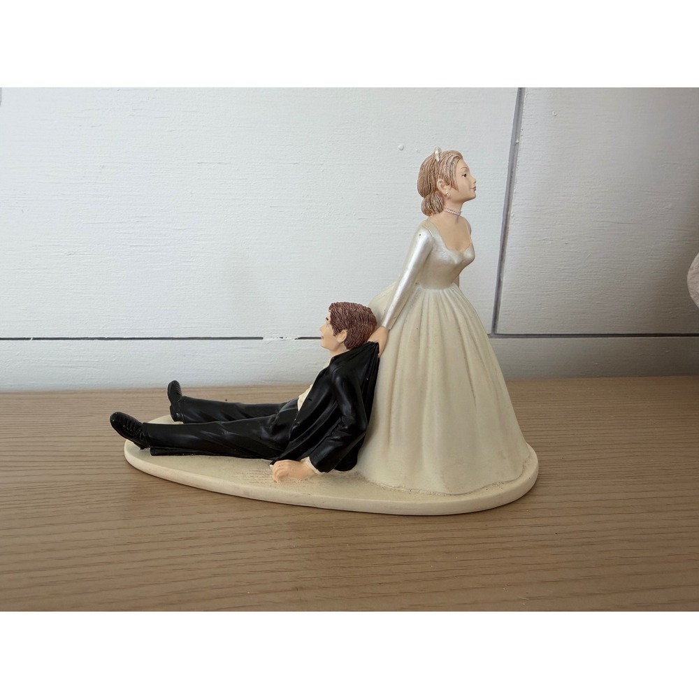 Funny Wedding Cake Topper Bride Dragging Groom Reluctant Novelty Figurine Resin